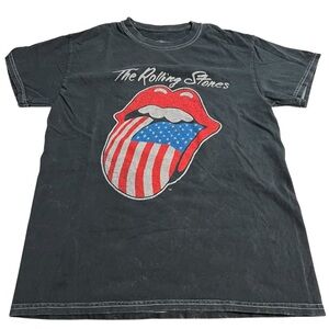 The Rolling Stones Distressed American Flag Tongue Black Cotton Tee - Size Small